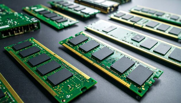 A collection of RAM modules arranged on a dark surface, symbolizing technology and data storage. The green circuit boards with their black integrated circuits create an image of modernity