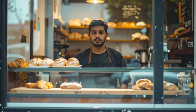 A baker standing behind a display case full of freshly baked goods. He looks serious and proud of his work - Powered by Adobe