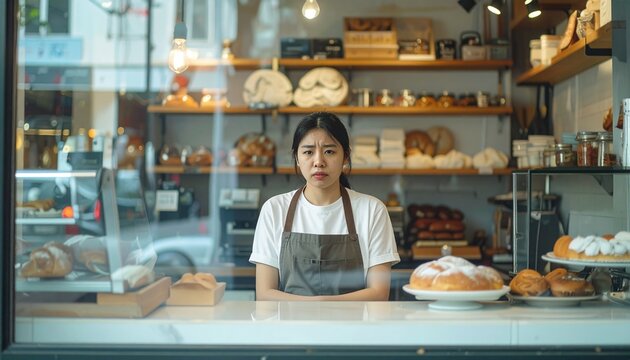 A focused female baker in a bakery standing behind the counter. The bakery is filled with baked goods, evoking a sense of warmth and anticipation for delicious treats. - Powered by Adobe