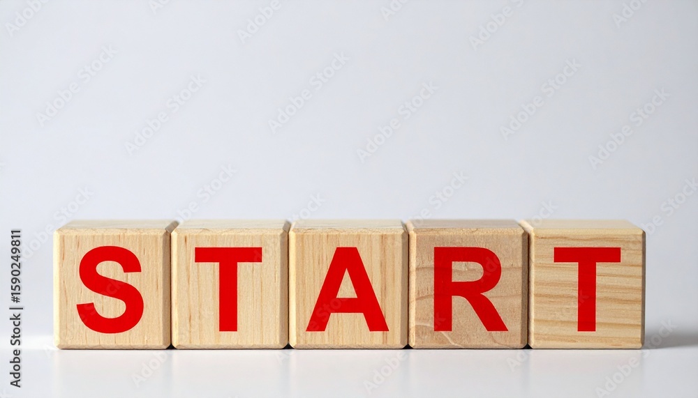 Poster wooden blocks spelling out the word start in red capital letters. the blocks are arranged in a row a