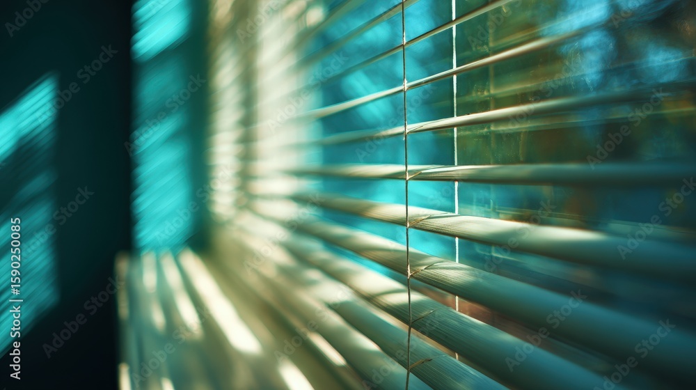 Aufkleber sunlight filters through partially open window blinds, casting patterns of light and shadow on a wal