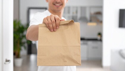A person is holding a food delivery bag, offering it towards the viewer with a friendly smile