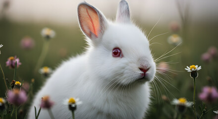 Adorable white bunny with pink eyes among colorful wildflowers in a soft-focus outdoor setting