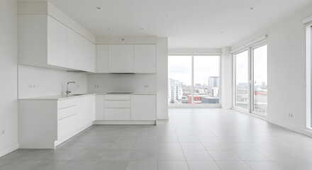 Fototapeta premium Modern, bright, and spacious apartment with large windows, city view, open kitchen, minimalistic design, natural light, high-rise living, clean interior, contemporary style, urban lifestyle
