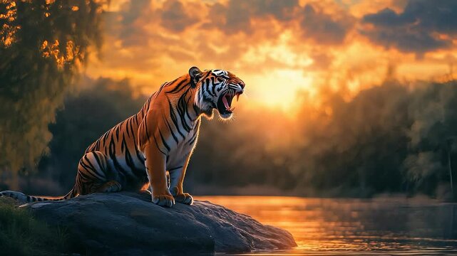 Majestic tiger roaring on high rock beneath glowing sky at twilight hour
