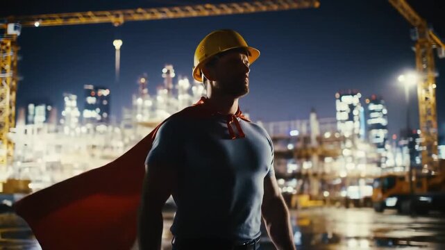 Construction worker in hardhat and cape standing at construction site at night time view