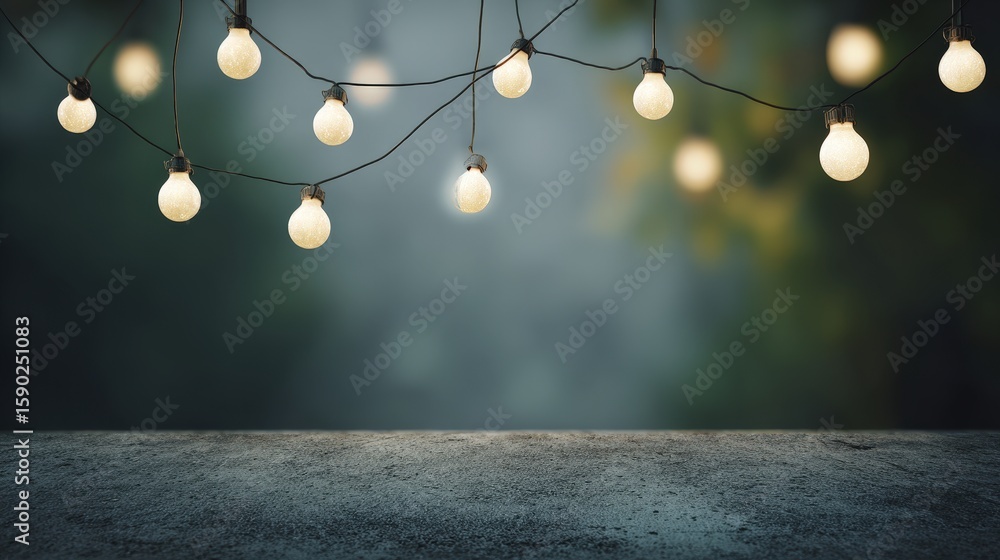 Poster hanging string lights glowing warmly above a textured surface with a soft, blurred background.