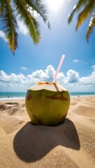 Tropical beach vacation with fresh coconut drink under palm trees and blue sky view