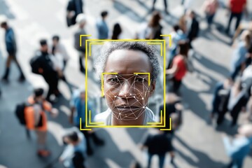 Overhead view of facial recognition system identifying a person among a crowd using advanced AI surveillance technology