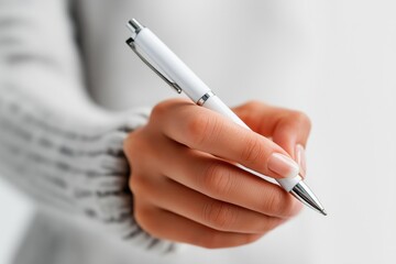 Closeup of woman's hand holding white pen with manicured nails against clean white background