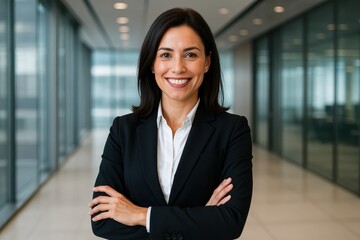 Confident female entrepreneur smiling warmly in modern business office setting