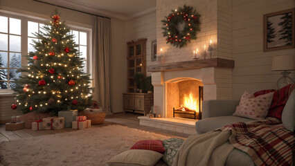 Fototapeta premium Cozy christmas living room with fireplace christmas tree gifts and holiday decorations for festive season