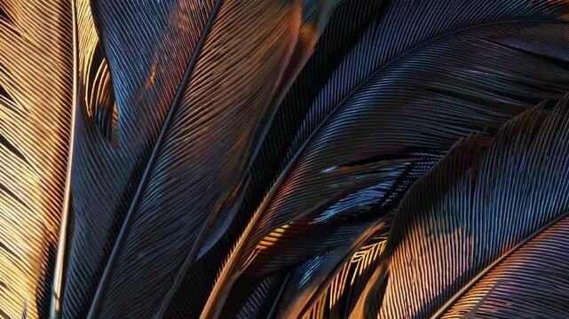 Dynamic feather patterns with shifting blue and gold lighting in high resolution