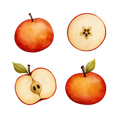Hand-painted watercolor apple clipart set featuring a whole red apple and a sliced apple half. Perfect for food packaging, autumn-themed designs, recipe cards, educational worksheets, scrapbooking.
