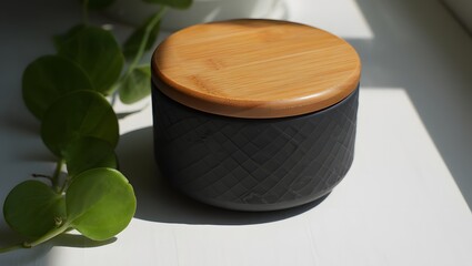 Round ceramic container with wooden lid, modern storage jar, minimalist home decor item