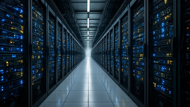 Futuristic Data Center Aisle with Glowing Blue Server Racks in Symmetrical High-Tech Corridor for Cloud Computing Cybersecurity and Network Infrastructure Concepts