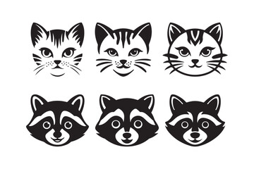 Collection of stylized black and white cat and raccoon face illustrations