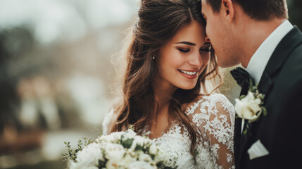 Cherish everlasting love and devotion with this tender image of a newlywed couple, exuding happiness and romance on their wedding day, symbolizing commitment, celebration, beautiful future together