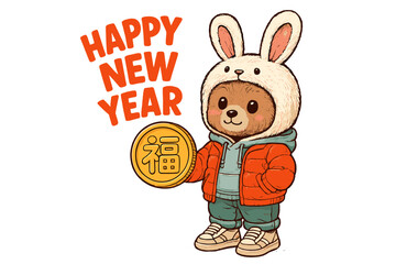 Cute bear character wearing bunny hat celebrates New Year with festive coin in hand during winter festivities