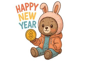Cute bear in bunny hat wishes happy new year while holding a gold coin in a festive setting