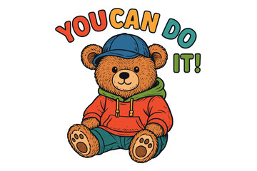 Cute bear in a hoodie encourages positivity in bright colors during a cheerful moment