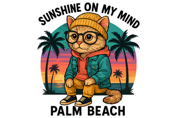 Cat wearing glasses and a beanie in Palm Beach setting evokes a relaxed coastal vibe at sunset