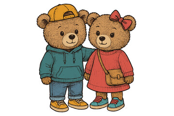 Cute cartoon bear couple wearing casual outfits and accessories for a playful illustration