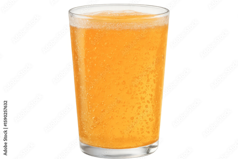 Poster glass of orange juice with condensation and bubbles on a transparent background, creating a refreshi