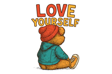 Cute bear character in hoodie and hat promoting self-love with vibrant 'Love Yourself' text above in warm colors