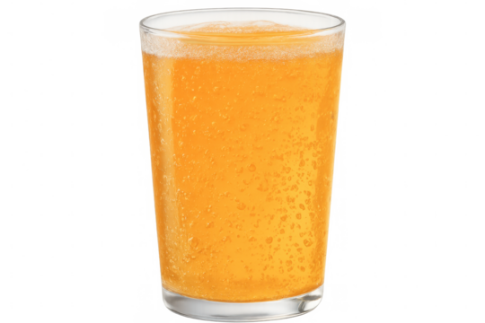 Glass of orange juice with condensation and bubbles on a transparent background, creating a refreshing image