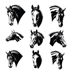 Set of Nine Horse Head Silhouette Vector Illustrations for Logos, Prints, and Design Projects