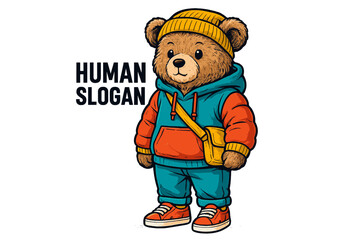 Cute bear character dressed in colorful streetwear with a stylish bag posing confidently against a simple background