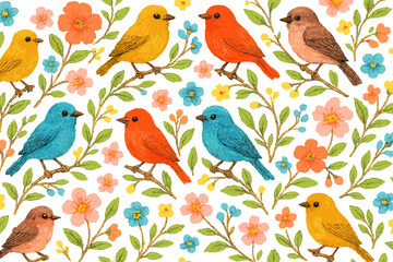 Colorful birds and floral patterns in detailed nature illustration