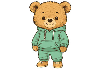 Cute cartoon bear character in green athletic outfit stands cheerfully with a friendly expression