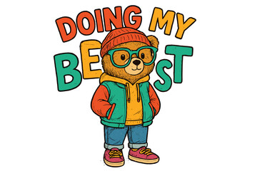 Cute bear character wearing glasses and a colorful outfit expressing positivity in a vibrant design
