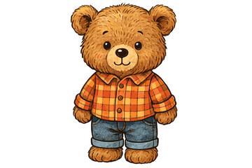 Cute bear character in checkered shirt and jeans stands cheerfully in an animated style