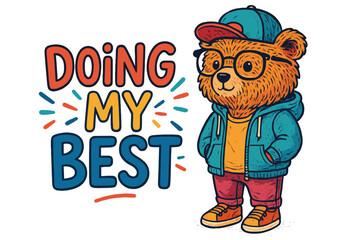 Bear character in casual clothes expressing positivity and effort in a creative illustration