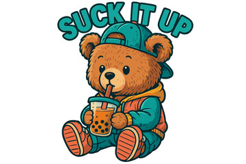 Cute bear character enjoys bubble tea while encouraging positive vibes in a playful graphic design for casual wear