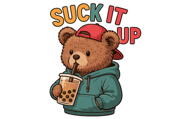 Cute bear character wearing a hoodie and cap enjoys bubble tea while promoting a positive message