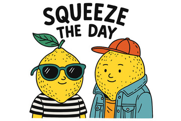 Bright and playful lemon characters encouraging positivity with the slogan Squeeze the Day in a cheerful, cartoonish style
