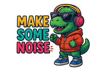 Creative dinosaur character wearing headphones and sunglasses encourages fun and music in vibrant colors