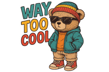 Cool bear character wearing sunglasses and stylish clothes in vibrant, playful design with colorful text background