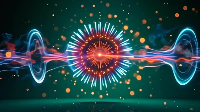 The frame is filled with an explosion of luminous orbs continually morphing and rearranging, where the spinning wheel of noise hazy abstract chromatic echoes unify these elements in a