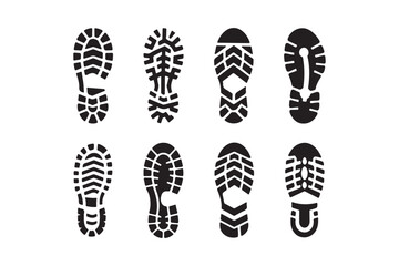 Collection of diverse black boot sole prints on a white background