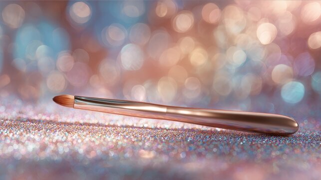 A single makeup brush lies on a glittery surface with a sparkling, bokeh background in soft pastel tones.