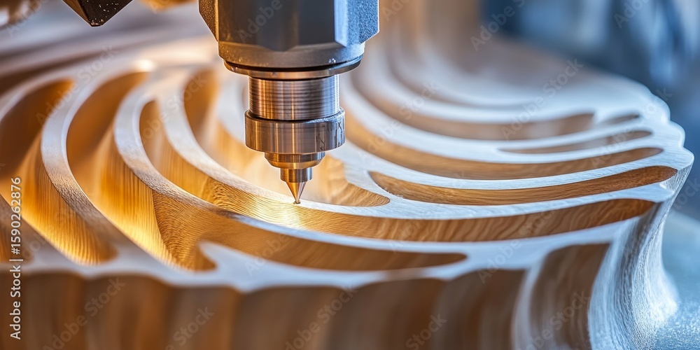 Poster precision cutting with cnc router creating intricate designs on light wood panels with sharp bits