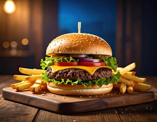 Cheeseburger with Fries on a Wooden Board