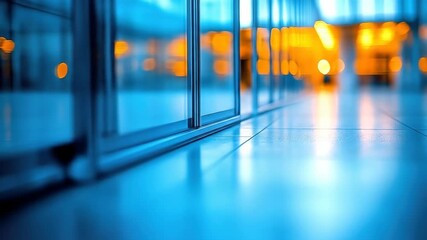 Blurred hall, glass panels, blue floor, orange lights - Powered by Adobe