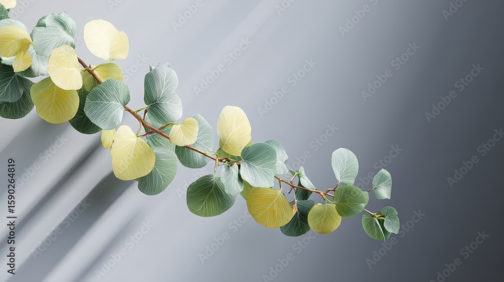 Poster a delicate branch with round leaves in shades of green and yellow, set against a soft gradient backg