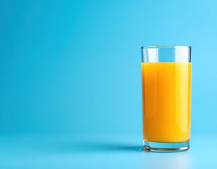 Glass of fresh orange juice on blue background